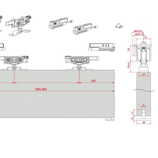 Комплект за плъзгащи врати до 50 кг и спирачки с амортисьор CLASSIC